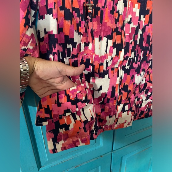 Cotton Stretch Jacket Pockets Statement Collar Zip Designer Pink Blue Print - Picture 5 of 15